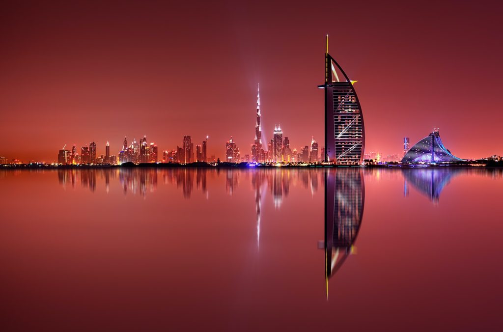 Dubai skyline reflection at night, Dubai, United Arab Emirates