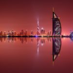 Dubai skyline reflection at night, Dubai, United Arab Emirates