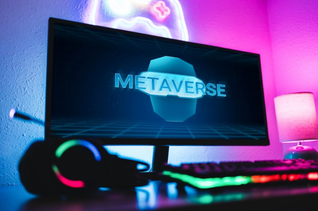 Metaverse and Blockchain Technology - Gaming room display futuristic virtual reality on pc screen